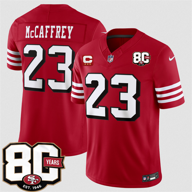 Men's San Francisco 49ers #23 Christian McCaffrey New Red 2026 F.U.S.E. With 80th Anniversary & 3-Star C Patch Vapor Untouchabl Limited Stitched Football Jersey