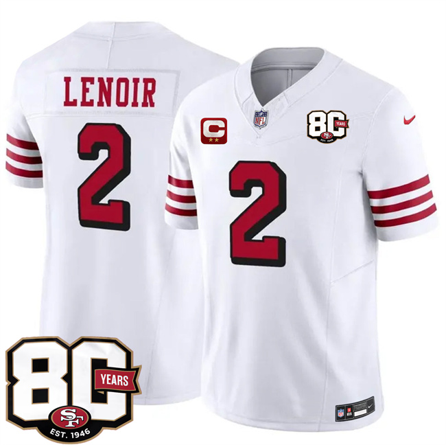 Men's San Francisco 49ers #2 Deommodore Lenoir New White 2026 F.U.S.E. With 80th Anniversary & 2-Star C Patch Vapor Untouchabl Limited Stitched Football Jersey