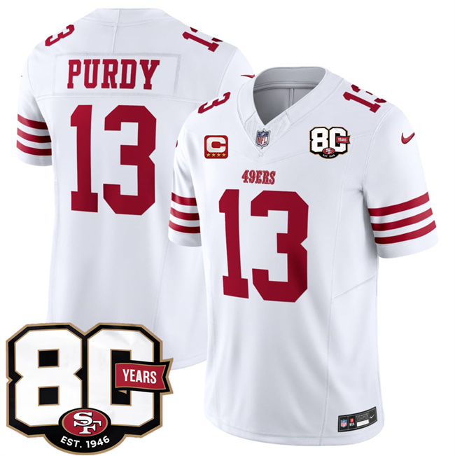 Men's San Francisco 49ers #13 Brock Purdy White 2026 F.U.S.E. With 80th Anniversary & 4-Star C Patch Vapor Untouchabl Limited Stitched Football Jersey