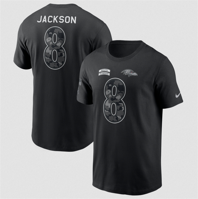 Men's Baltimore Ravens #8 Lamar Jackson Black 2026 Salute to Service Name & Number T-Shirt