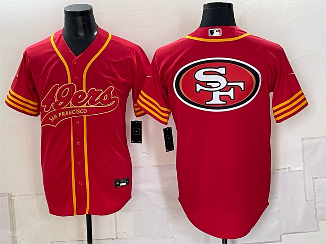 Men's San Francisco 49ers Team Big Logo Red Gold Cool Base Stitched NFL Baseball Jersey