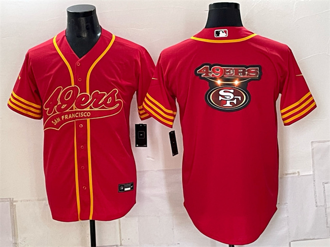 Men's San Francisco 49ers Team Big Logo Red Gold Cool Base Stitched NFL Baseball Jerseys