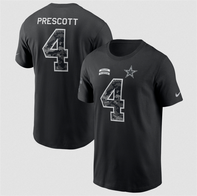 Men's Dallas Cowboys #4 Dak Prescott Black 2026 Salute to Service Name & Number T-Shirt