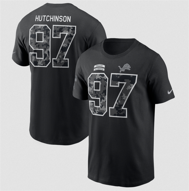Men's Detroit Lions #97 Aidan Hutchinson Black 2026 Salute to Service Name & Number T-Shirt