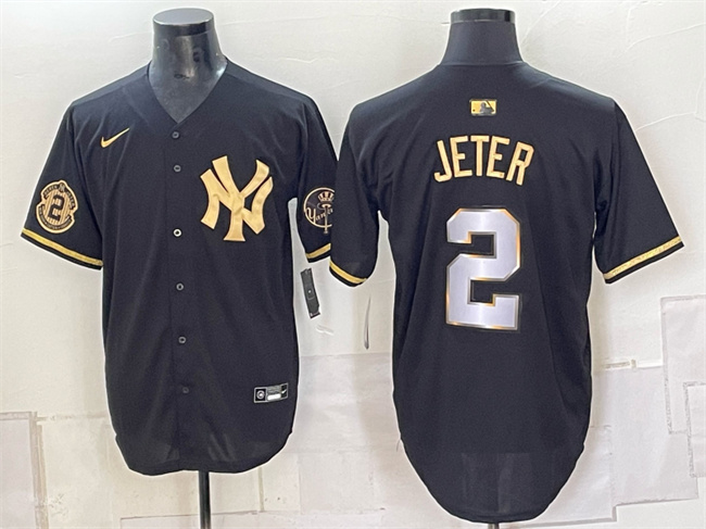 Men's New York Yankees #2 Derek Jeter Black Gold With Patch Limited Stitched Baseball Jersey