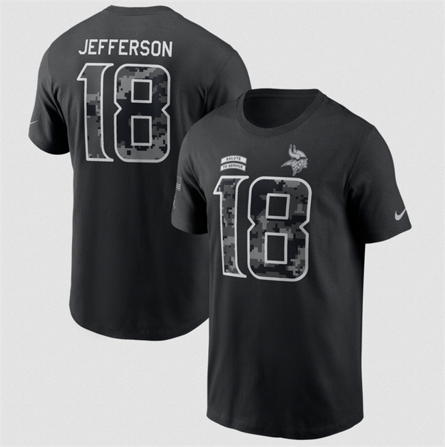 Men's Minnesota Vikings #18 Justin Jefferson Black 2026 Salute to Service Name & Number T-Shirt