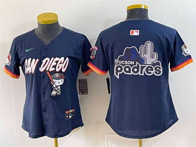 Women's San Diego Padres X Hello Kitty Team Big Logo Obsidian 2026 City Connect Stadium Stitched Baseball Jersey(Run Small) (1)