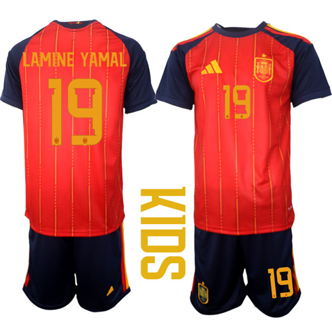 Youth Spain Team #19 Lamine Yamal Red Home Soccer Jersey Suit