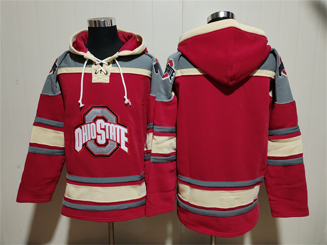 Men's Ohio State Buckeyes Blank Red Grey Ageless Must-Have Lace-Up Pullover Hoodie