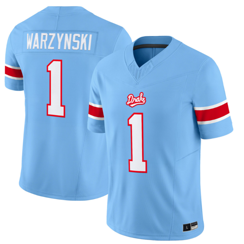 Drake Bulldogs #1 Riley Warzynski Throwback Vapor Limited Custom Jersey Light Blue - All Stitched