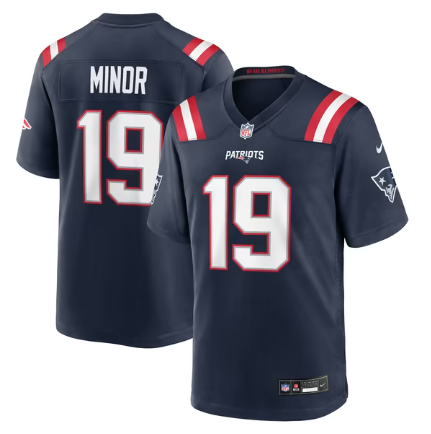 Men's New England Patriots #19 Kobee Minor Team Game Jersey - Navy