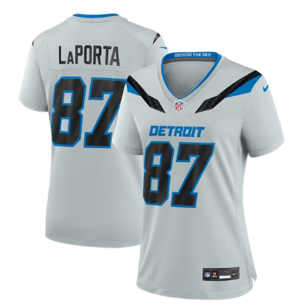 Women's Detroit Lions #87 Sam LaPorta 2026 Rivalries Collection Game Jersey - Silver
