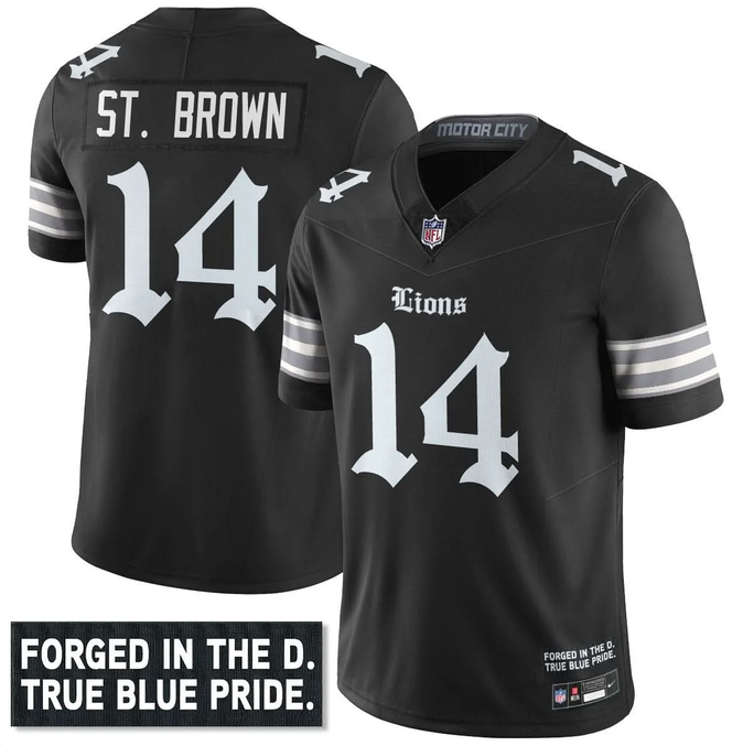 Men's Detroit Lions #14 Amon-Ra St. Brown Black F.U.S.E. 'Gothic Motor City Edition' Vapor Limited Stitched Football Jersey