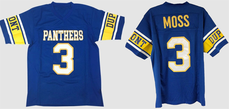 Men's DuPont Panthers #3 Randy Moss Blue Stitched Football Jersey