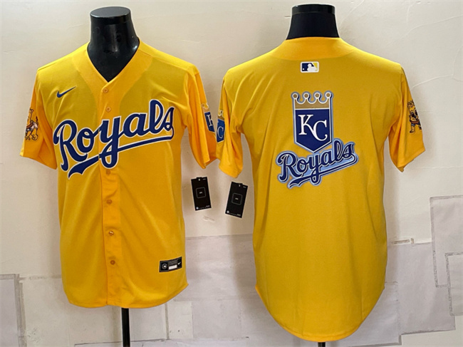 Men's Kansas City Royals Team Big Logo Gold Sluggerrr Patch Vapor Limited Stitched Baseball Jerseys