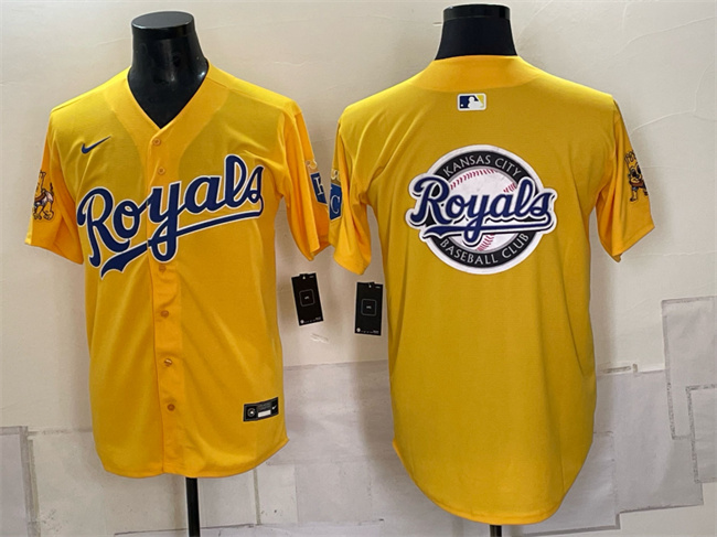 Men's Kansas City Royals Team Big Logo Gold Sluggerrr Patch Vapor Limited Stitched Baseball Jersey