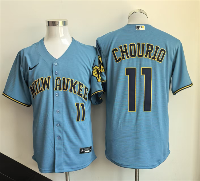 Men's Milwaukee Brewers #11 Jackson Chourio Mineral Blue 2026 City Connect Stadium Stitched Baseball Jersey